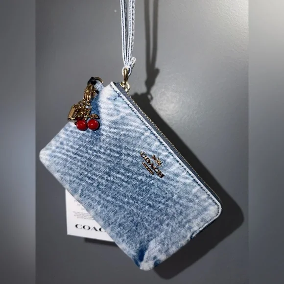 Coach Corner Zip Wristlet In Loved Denim With Charms - Picture 1 of 9